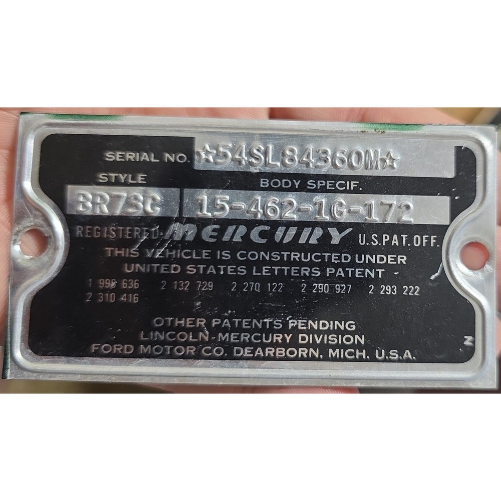 1954 Mercury 4dr Original Data Plate Ford Lincoln-Mercury